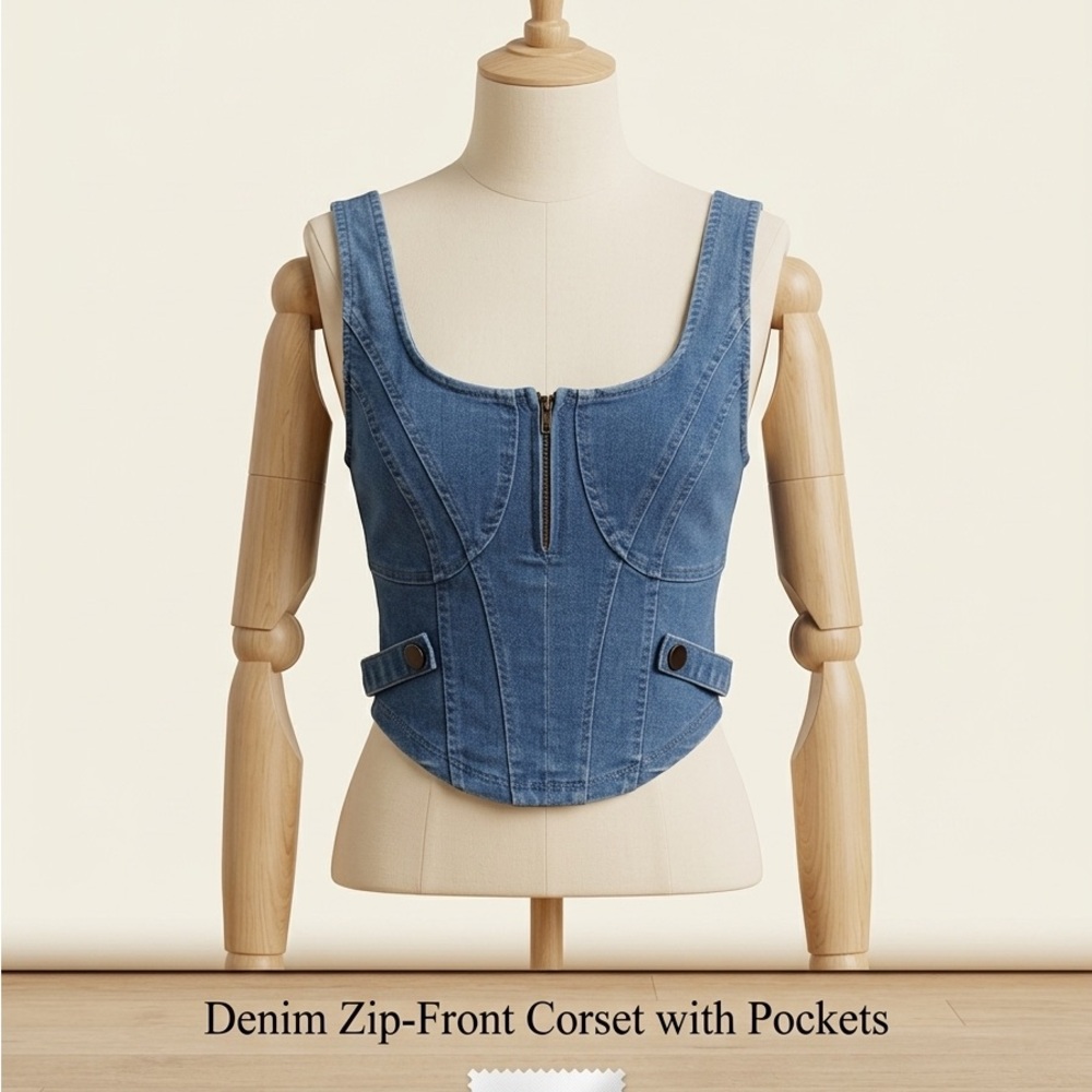 Denim Zip-Front Corset Top